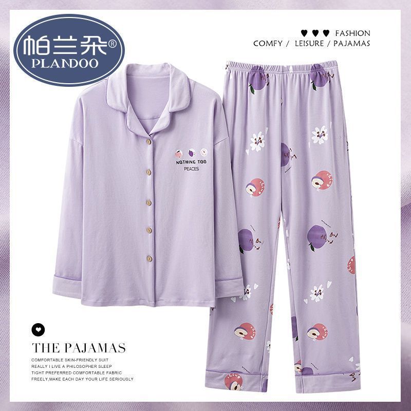 Pijama de algodón femenino primavera y otoño mangas largas dulces y sueltas grande otoño y invierno conjunto de ropa para el hogar