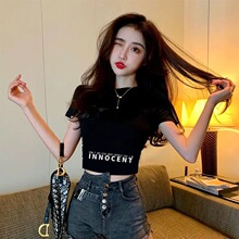 黑色短袖t恤女短款小个子辣妹高腰露脐夏季新款修身印花上衣ins潮