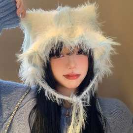 可爱毛绒猫耳朵针织毛线帽秋冬新款百搭保暖护耳雷锋帽甜美针织帽