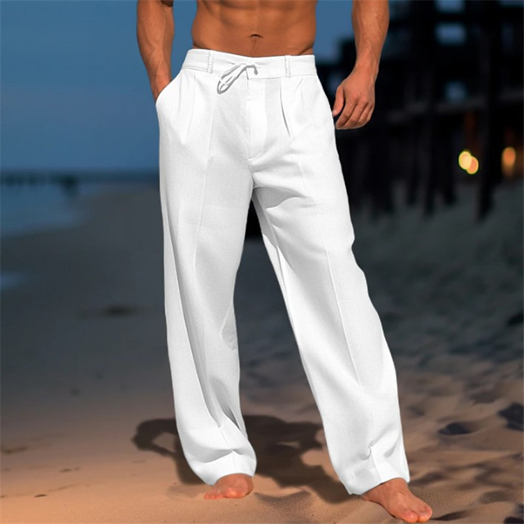 Pantaloni da spiaggia estivi in lino da uomo, tasca frontale, tinta unita, comodi, traspiranti, casual, stile basic per le vacanze quotidiane_voghion.com