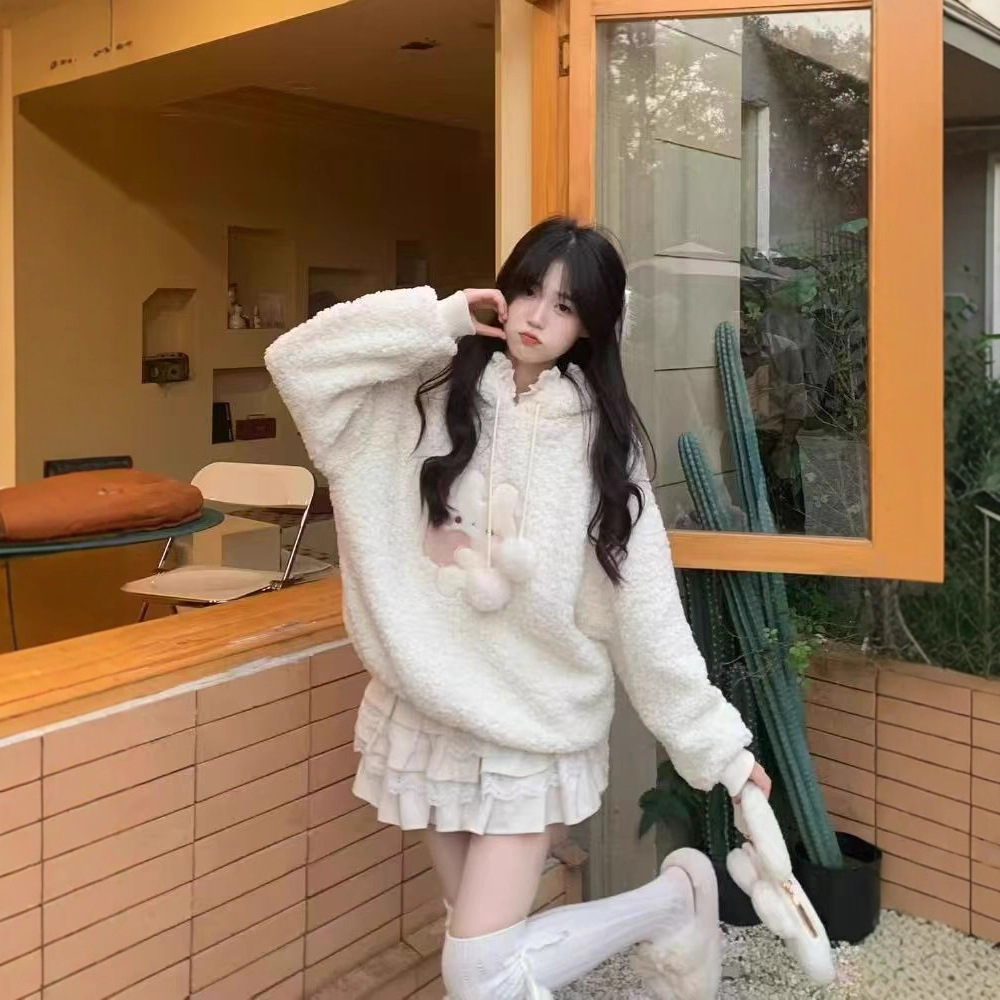 秋季新款可爱软糯兔耳朵羊羔毛卫衣女宽松日系慵懒bf风加绒加厚潮