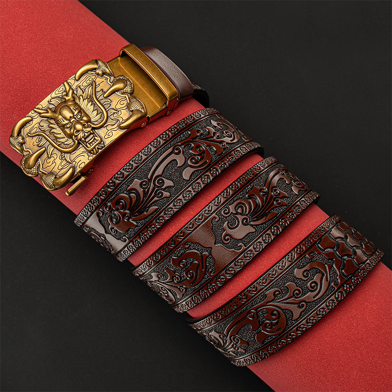 Nuovo modello di erba Tang Domineering intagliato da uomo automatico cintura con fibbia in rame con cintura personalizzata in rilievo a sei artigli di drago di vendita calda_voghion.com
