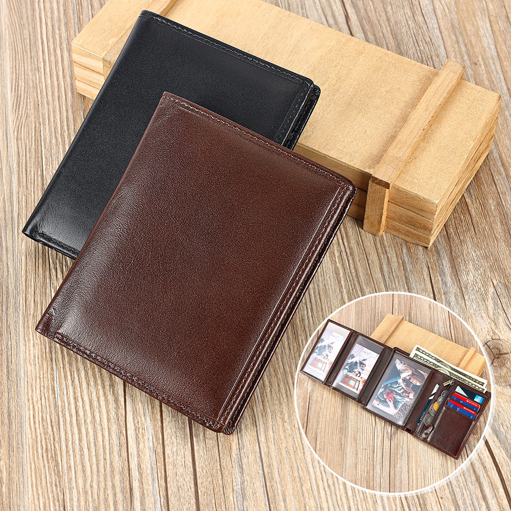 Ví nam da bò cao cấp gập ba nhiều ngăn thẻ chống trộm RFID — Đen, Nâu