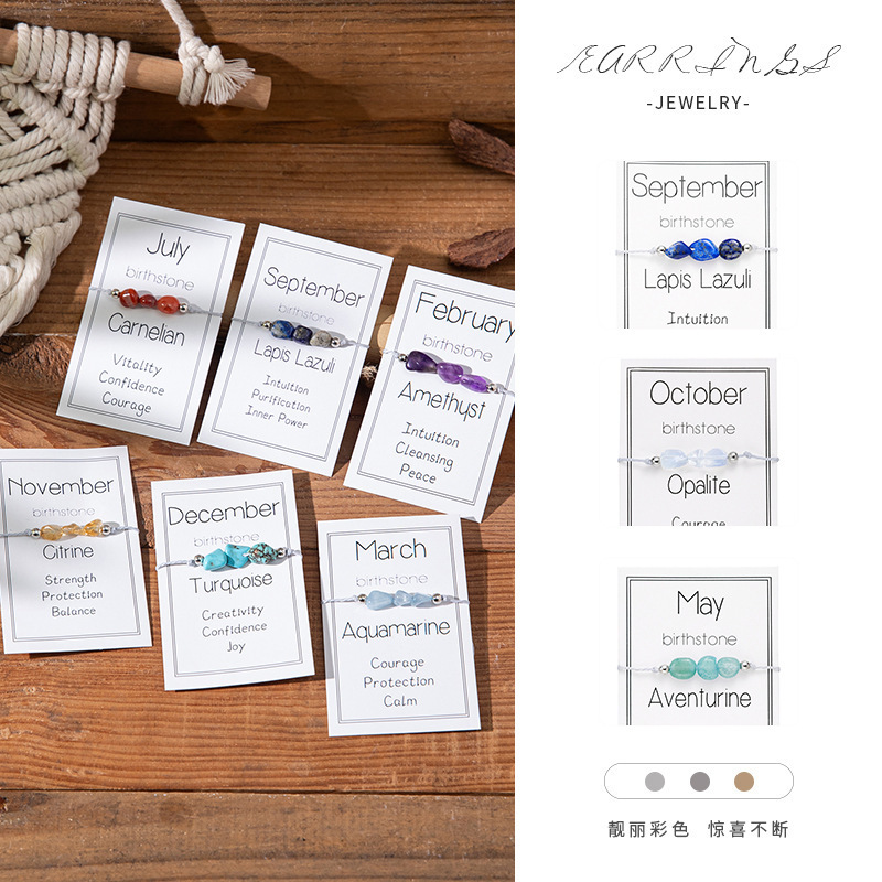 European and American Cross-Border New Irregular Stone 3-Stone Birthstone Bracelet, Card-Packed Adjustable Birthday Stone Bracelet
