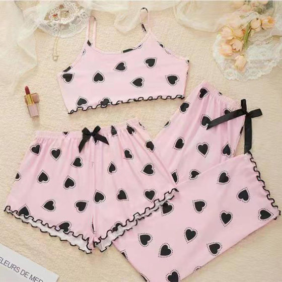 Europe and the United States milk silk leisure home printing suspender pants three-piece set Europe and the United States cross-border supply of six patterns C42