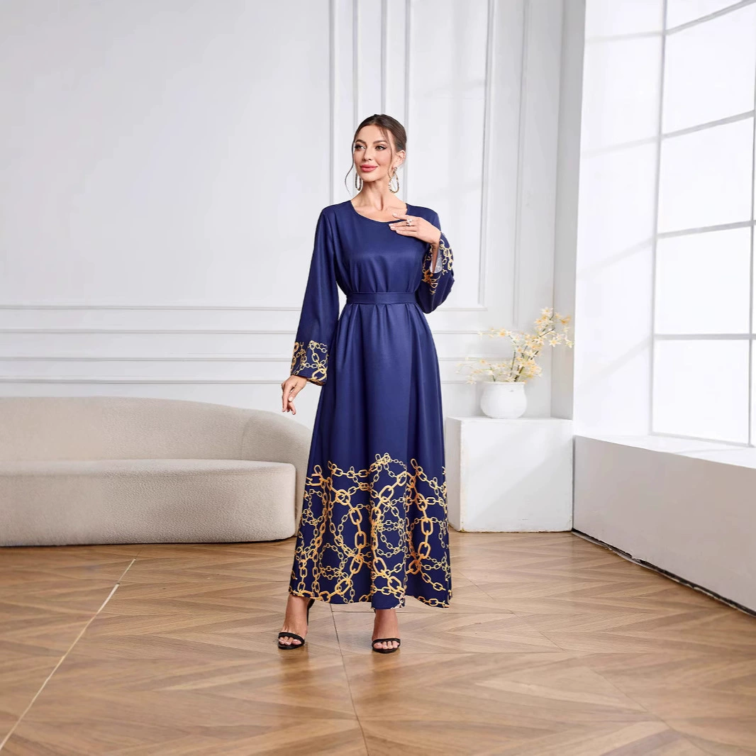 Элегантный халат с длинной юбкой и поясом, с принтом в стиле реального снимка, для внешней торговли и трансграничных поставок.