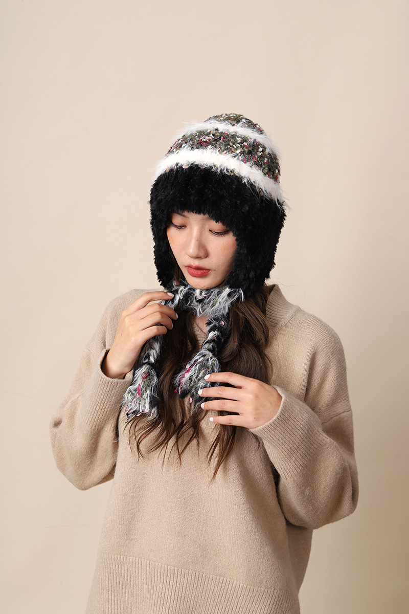 Cappello di lana lavorato a maglia con lacci colorati per donna autunno inverno nuovo caldo protezione per le orecchie e fascia per la testa a strisce colorate_voghion.com
