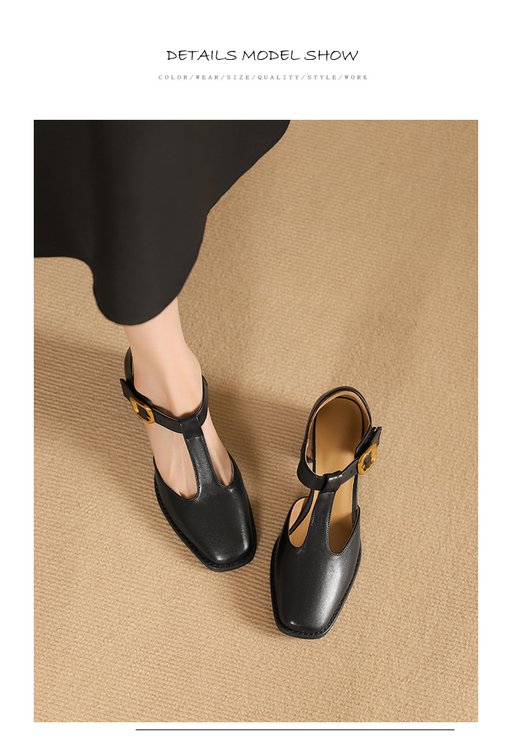 Sandal nữ quai chữ T đầu vuông hở mũi đế bệt — Màu nâu chi tiết 5