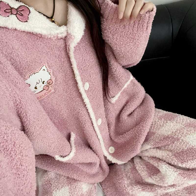 Sweet and Cute Half-Velvet Warm Pajamas for Women, New Autumn and Winter Style, Large Size, Knitted, Fleece-Lined, Thickened Loungewear, in Stock Sweet and Cute Half-Velvet Warm Pajamas for Women, New Autumn and Winter Style, Large Size, Knitted, Fleece-Lined, Thickened Loungewear, in Stock