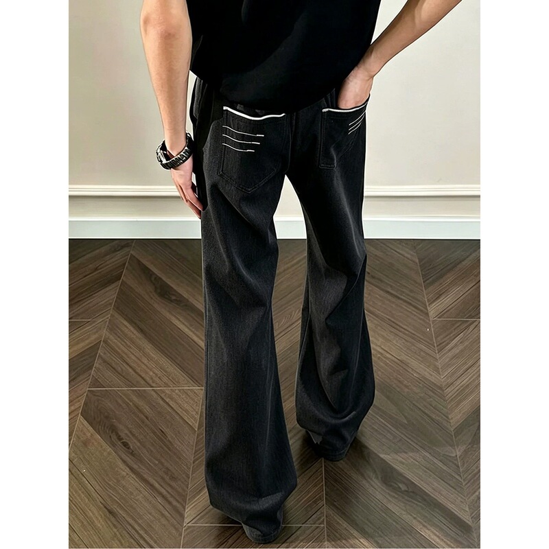 Black men's summer trousers with a slight flare, in the old money style, made of ice silk, thin and cool for summer