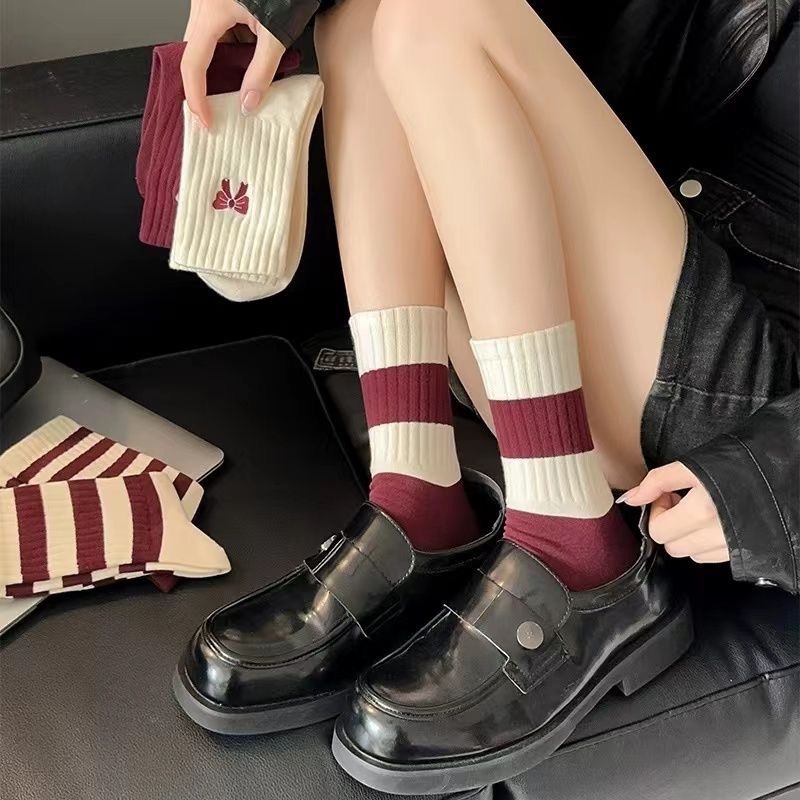 袜子女中筒袜秋季安可拉高筒蝴蝶结条纹堆堆袜百搭运动休闲长筒袜|undefined