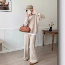 跨境外贸假两件慵懒针织毛衣秋新款双排扣v领显瘦垂感阔腿裤套装