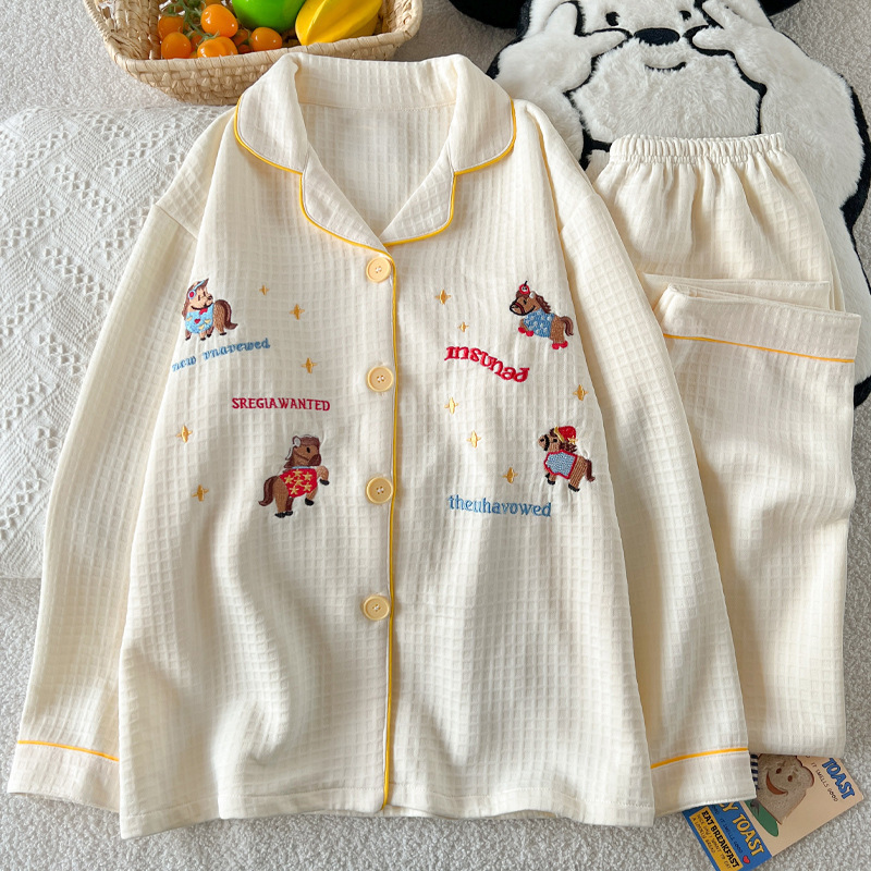 Cute Pony Ins Style Cartoon Waffle Plaid Air Cotton Warm Pajamas Women's Home Clothes Real Shot Wholesale