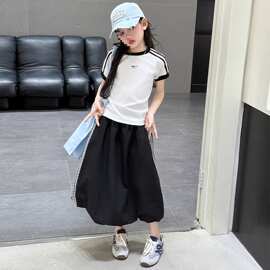 女童2025夏季新款韩版短袖黑色花边半身裙套装中大童圆领T恤条纹