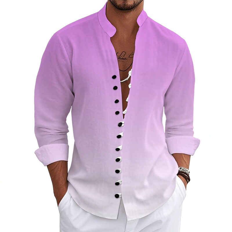 Cross-Border Shirt with Gradient Light Purple Color, Stand-Up Collar, Multiple Contrasting Buttons, Long-Sleeve Cotton-Linen Shirt, Loose Thin Cardigan, Wholesale