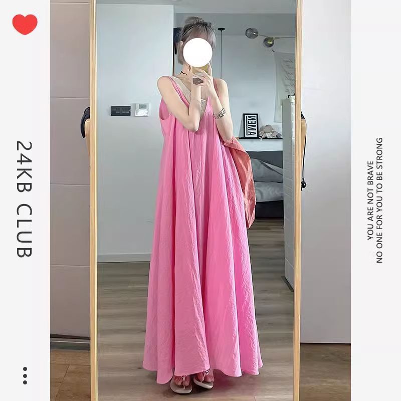 ピンクのスーパーフェアリーサスペンダースカート女性のための夏の2025新しいフレンチスタイル今年人気の甘いホリデースタイルドレスロングスカート|undefined