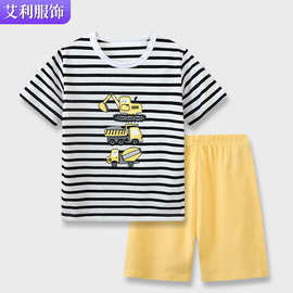 跨境夏季男童装套装创意挖掘机绣花短袖套头两件套儿童时尚套装