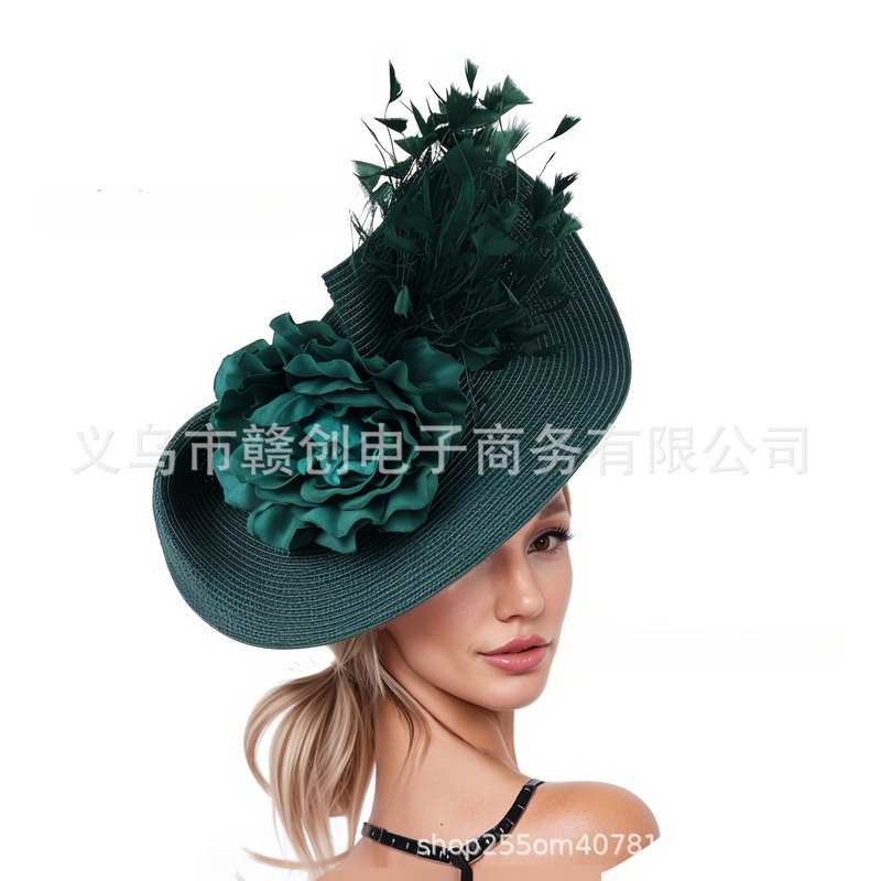 欧美亚马逊夸张仿草帽夸张大礼帽手工头饰花朵羽毛头花发箍发饰|undefined