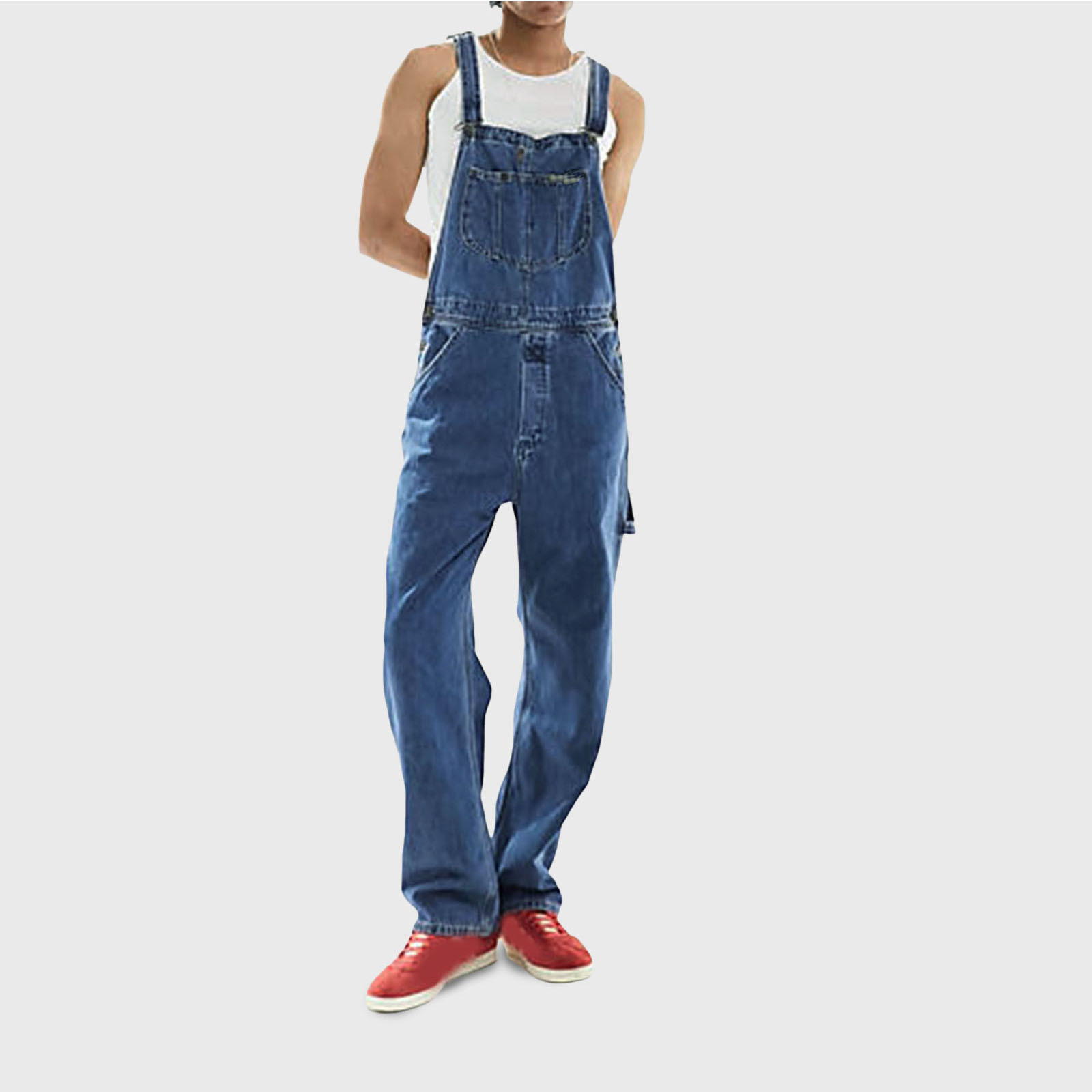 paar outfit heren schouderband jumpsuit gescheurde denim werkkleding broek_voghion.com