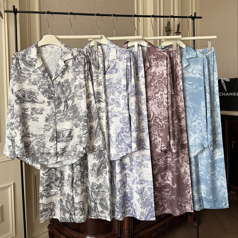 Russian European Style Jungle Ice Silk Pajamas Wide-Leg Loose Loungewear Set Export Pajamas