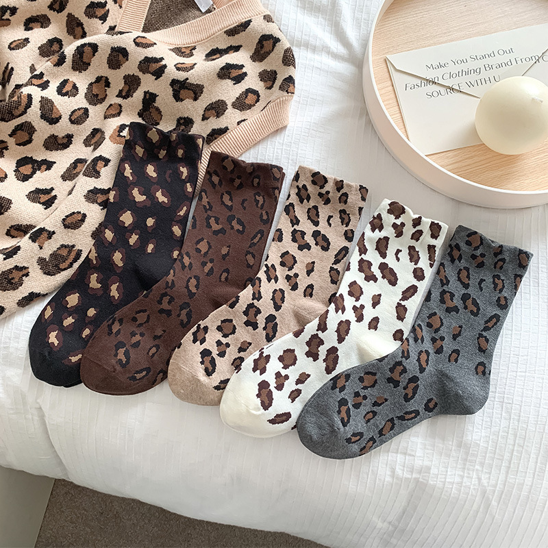 Leopard Print Socks Women's Mid-length Socks Autumn and Winter New Animal Print Wide Mouth Pile Socks Fashionable All-match Boneless Stockings for Women