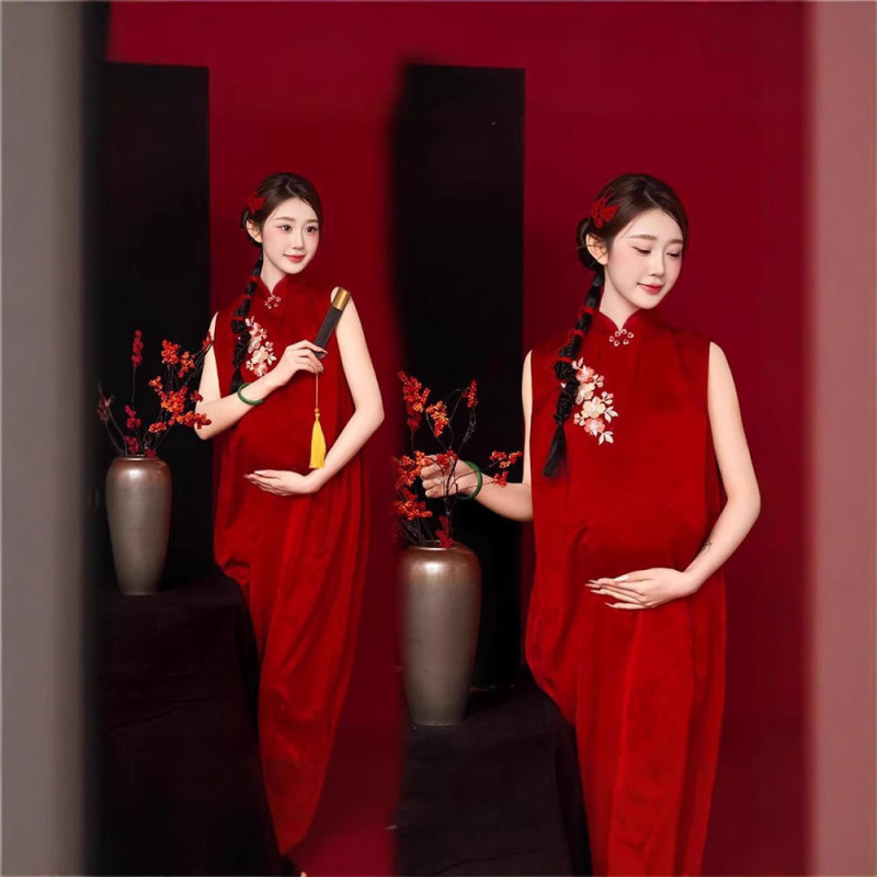 Photo Studio Maternity Photo Clothing New Chinese Style New Year Theme Red Skirt Maternity Photo Art Photo Clothing