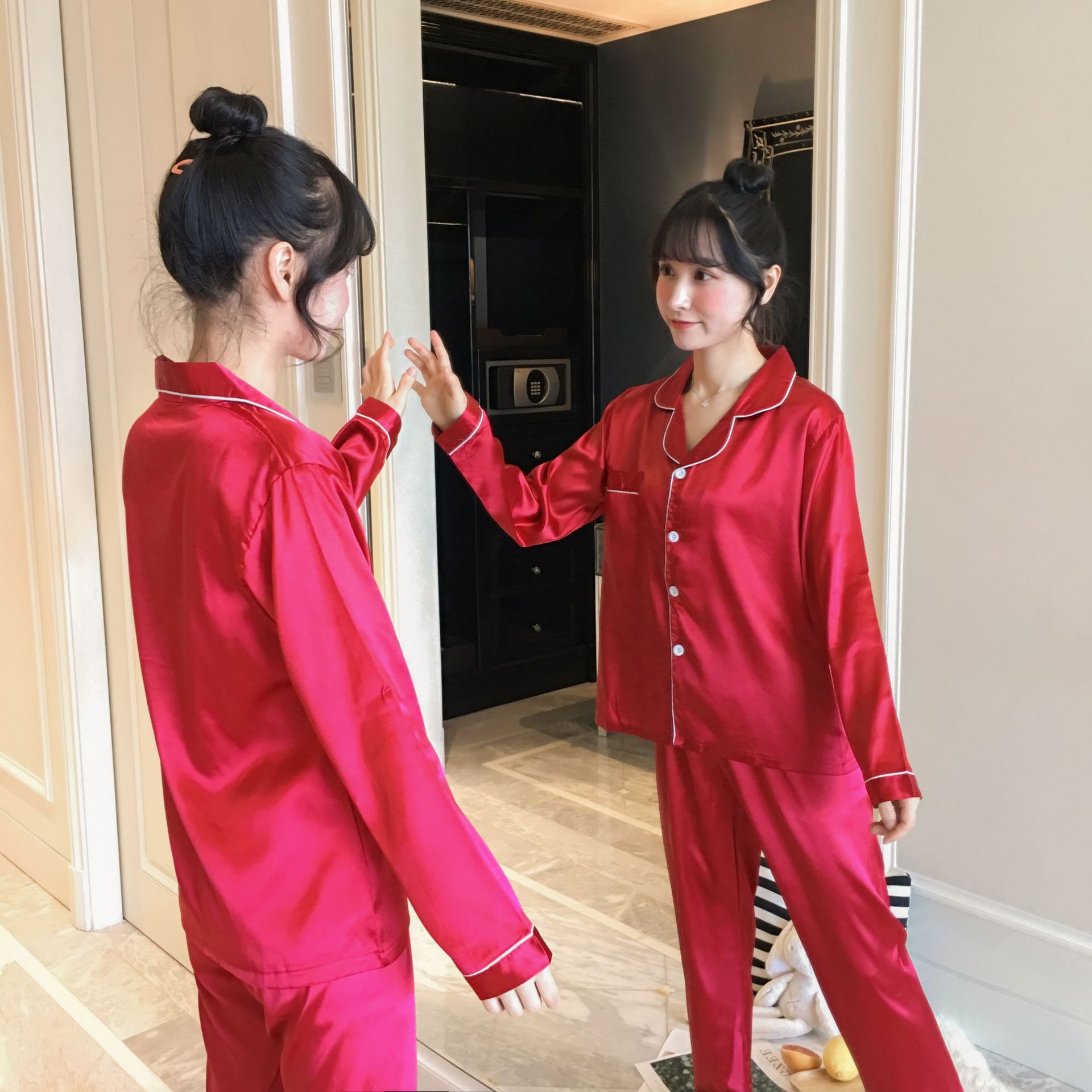 工厂现货跨境夏季仿真丝大码冰丝色丁睡衣长袖长裤女士翻领家居服