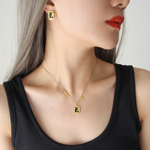 韩潮ins风星月方牌字母吊坠项链网红同款钛钢镀18K金耳环首饰套装