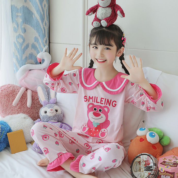 15 años de edad nueva primavera y otoño de los niños pijamas de manga larga de las mujeres lindo princesa muñeca collar de las mujeres mayores de algodón peinado desgaste del hogar de los niños