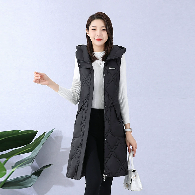 Пуховик средней длины из хлопка, Женский южнокорейский приталенный Ромбический жилет, Модный Элегантный жилет без рукавов с капюшоном, куртка