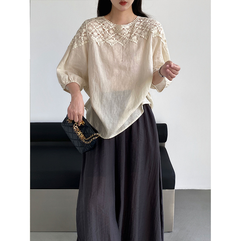 Jiangzuo French-Style Hollow Lace Patchwork Shirt for Women, High-End Design, Artistic 100% Ramie Blouse Top 1967 Jiangzuo French-Style Hollow Lace Patchwork Shirt for Women, High-End Design, Artistic 100% Ramie Blouse Top 1967