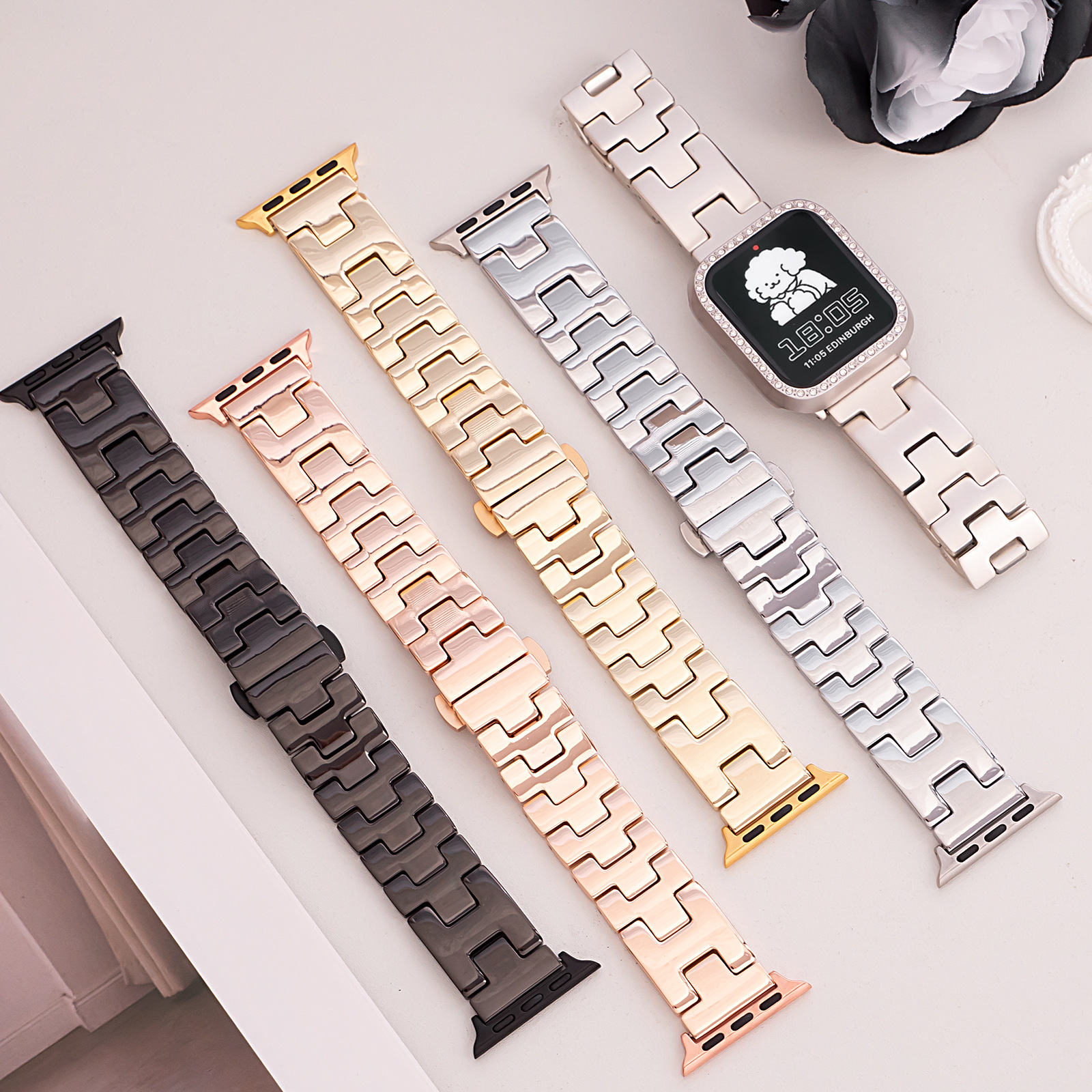 Suitable for Apple Strap applewatch Metal Unisex H Chain Butterfly Buckle s5678910 Generation SE Watch Strap