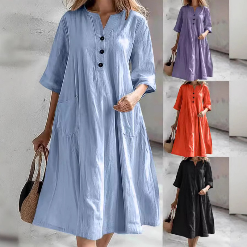 European and American Cross-border Women's dress Women's Mid-length V-neck Half-sleeve Cotton and Linen Loose Three-button Pocket Dress