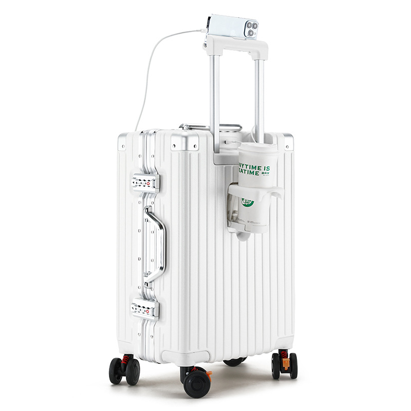 Maleta multifuncional porta taza de agua puerto de carga caja de barra de tracción marco de aluminio maleta silenciosa rueda universal maleta