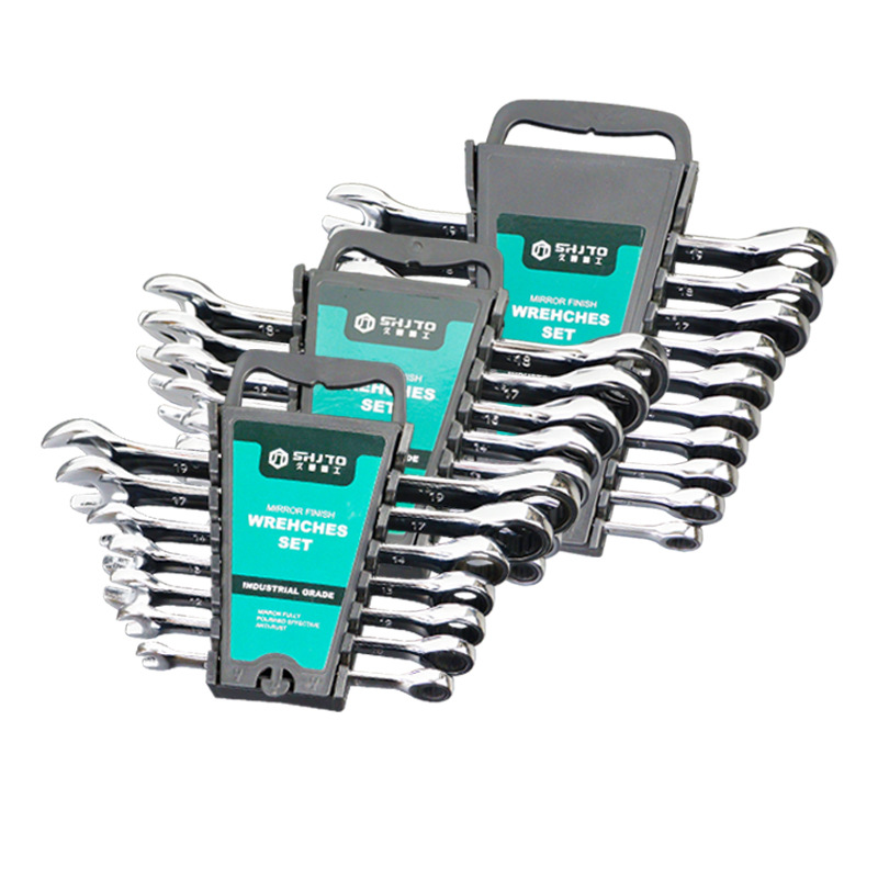 Venta al por mayor de fábrica de doble cabeza de doble propósito trinquete Plum Blossom llave abierta herramienta de reparación de automóviles Llave de trinquete rápida traje