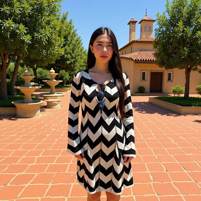 8753 Aliexpress Women's European and American New Style Light Mature Style Lace-Up V-Neck Black and White Ripple Knitted Dress Long Sleeve Autumn