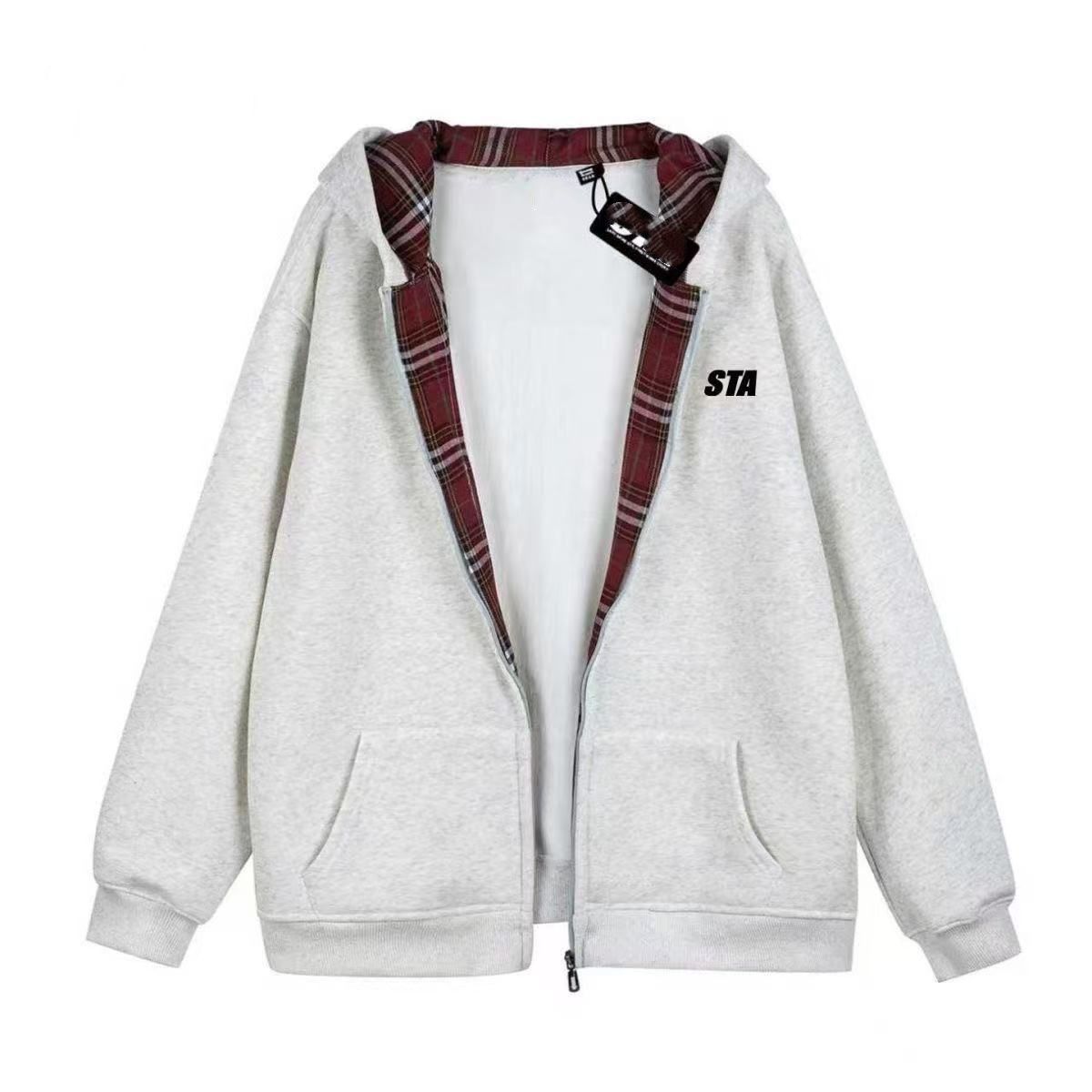 ST 秋冬季新款格子衫外套连帽拉链卫衣字母印花男女情侣上衣潮牌