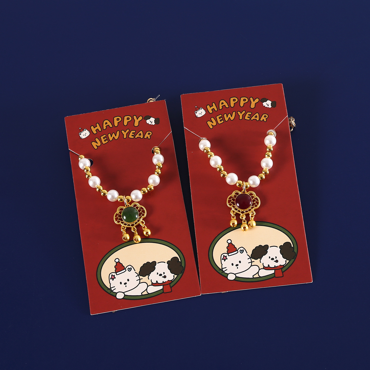 Mascotas de Año Nuevo collar de oro perlas gatos perros gemas campanas colgante de cerradura de larga vida collar de primavera china