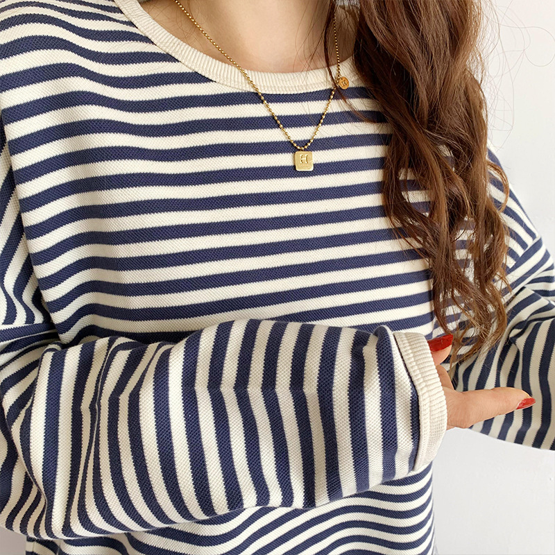 Contraste de color a rayas suéter para las mujeres Otoño e Invierno Nuevo Diseño flojo ocasional estilo perezoso Delgado manga larga cuello redondo top