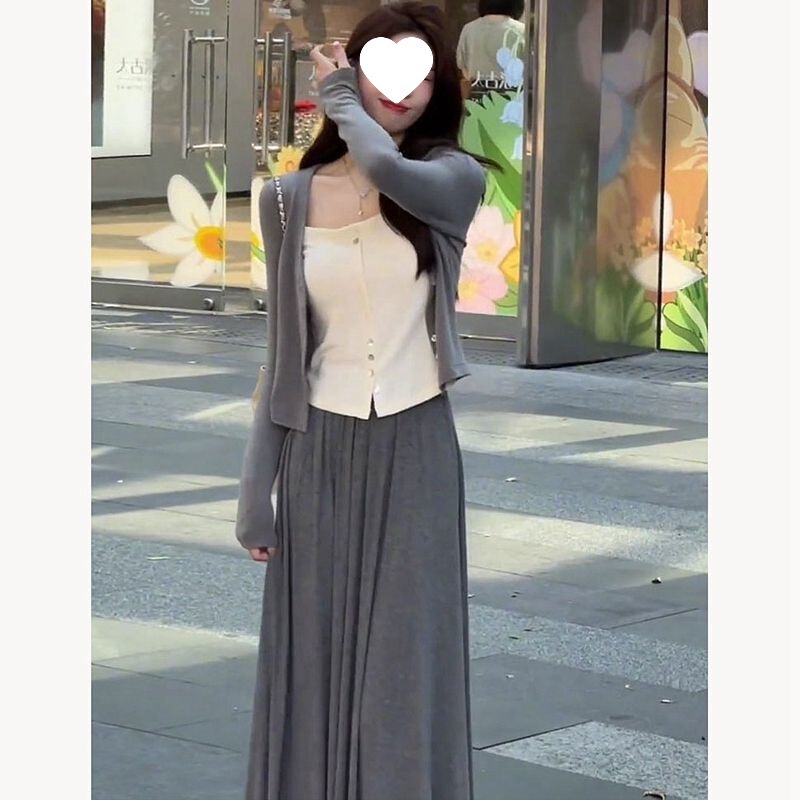 早秋装搭配一整套气质女神范高级感小香风假两件上衣半身裙子套装|undefined