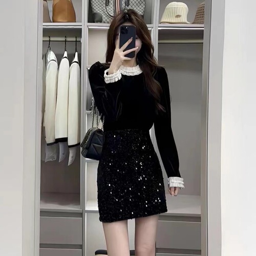 Spring fashion small chanel suit Korean drama black spliced long-sleeved shirt top high waist sequin half skirt two-piece set 
