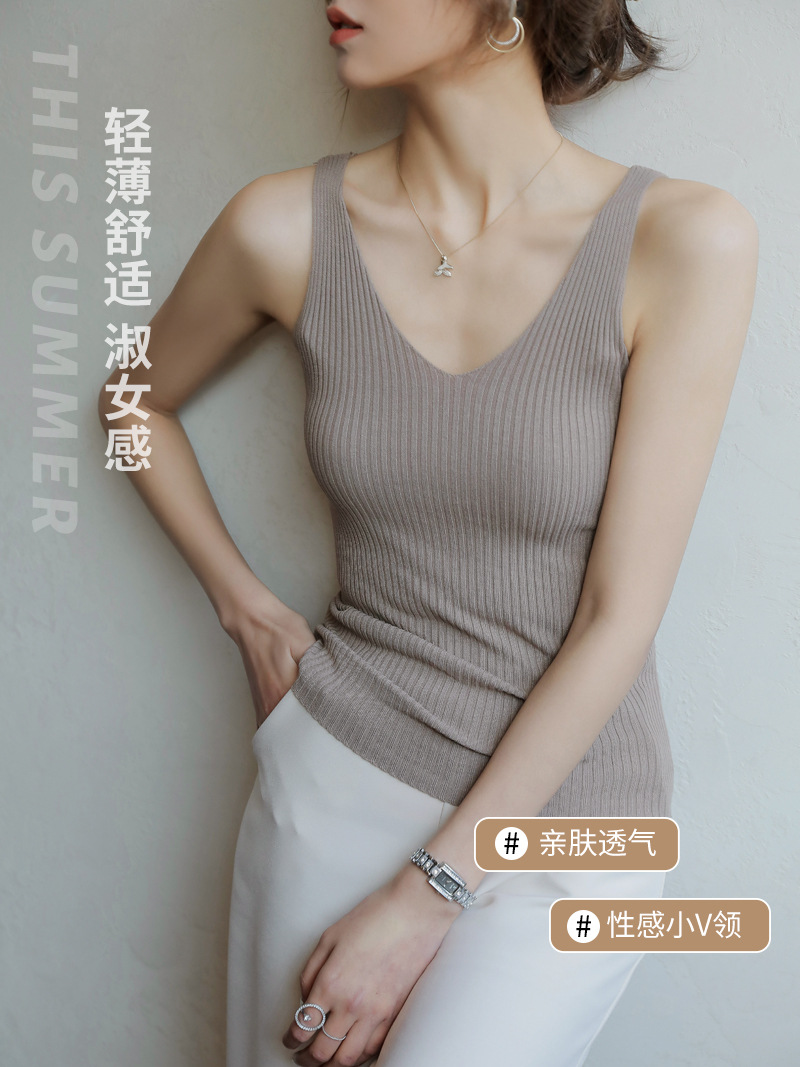 Camisole Women's Knitted V-Neck Outer Wear Loose Design Summer Thin Black Slim Fit Inner Sleeveless Top Camisole Women's Knitted V-Neck Outer Wear Loose Design Summer Thin Black Slim Fit Inner Sleeveless Top