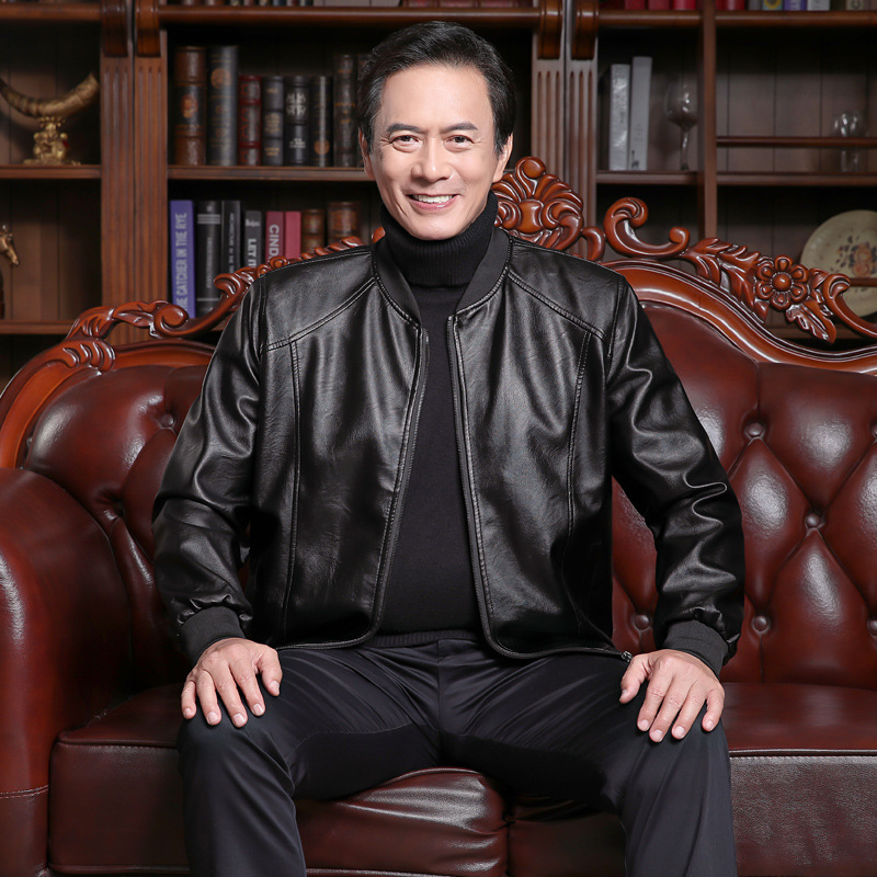 2022 New Spring and Autumn Middle-aged Men's Leather Business Thin Baseball Collar Leather Jacket Jacket Factory Direct Supply
