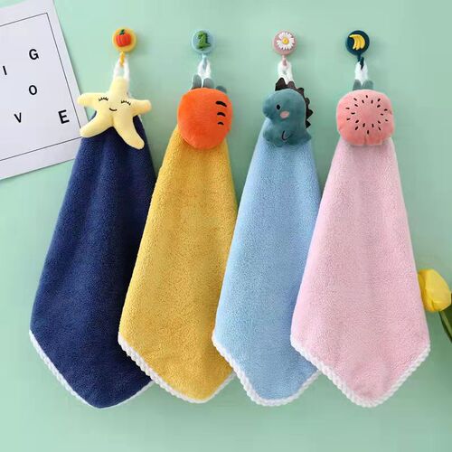 Kitchen wipe hanging hand towel absorbent towel cute cartoon children coral plush quick-dry bathroom rag