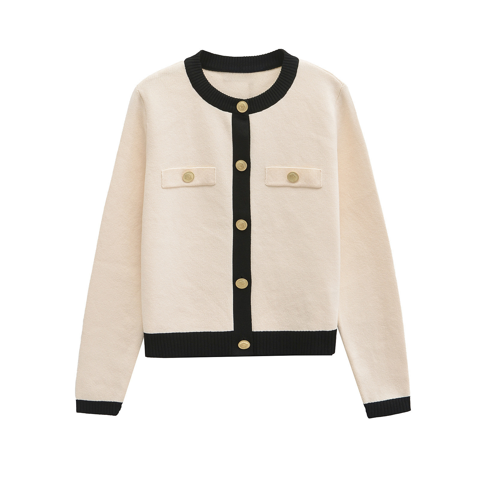 Women's clothing 2024 autumn and winter new fashion contrasting gold breasted knitted jacket_voghion.com