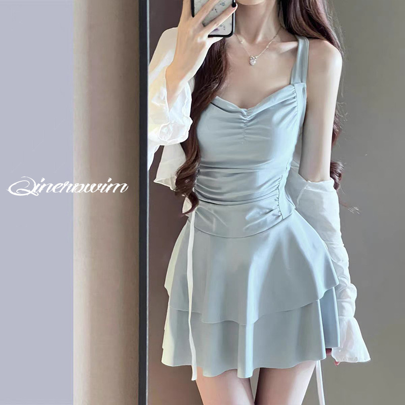 2025 New One-Piece Swimsuit for Women, High-End Skirt Style, Conservative Belly-Covering, Slimming Look, Long-Sleeved, Sun Protection, Hot Spring Swimsuit