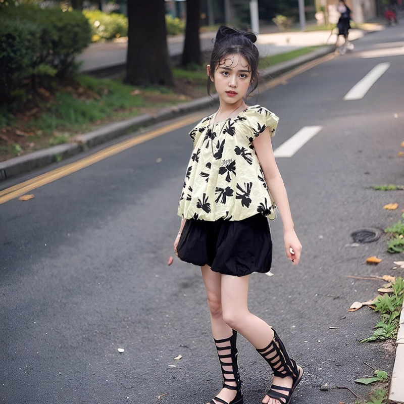 Vestito estivo per ragazze 2024, nuovi pantaloncini a lanterna a maniche corte per bambini di medie dimensioni, celebrità di Internet, elegante set da due pezzi_voghion.com