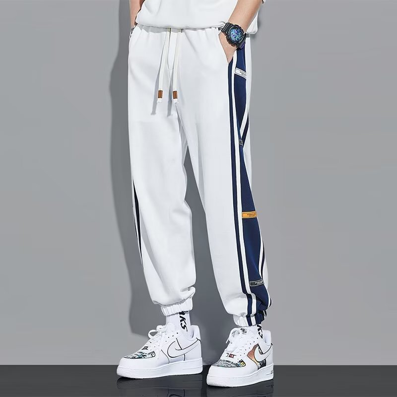 Spring and Autumn White Leggings Sweatpants for Men and Boys, Loose Straight Splicing, Versatile Large Size Casual Sports Pants