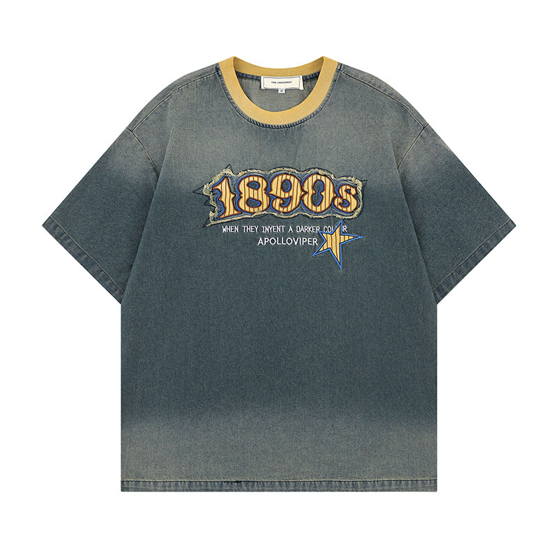 TKPA trendy brand T-shirt original street trend design sense patch embroidered denim top couple short-sleeved T-shirt for men and women