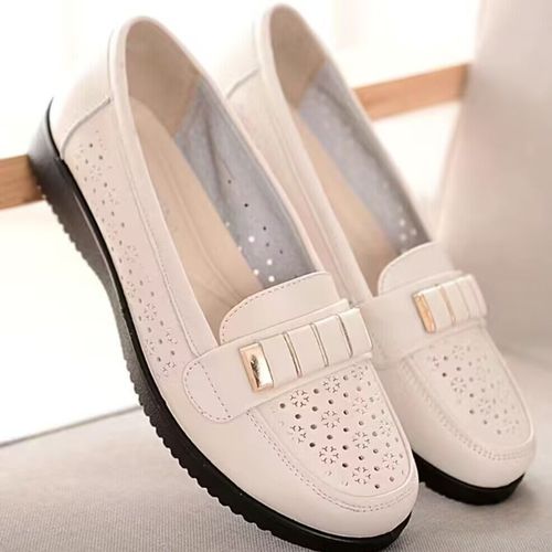 Spring and Summer Mother's Shoes Soft Sole Open-Back Airy Women's Single Shoes Middle-Aged Leather Shoes Breathable Flat Women's Shoes Hole Shoes